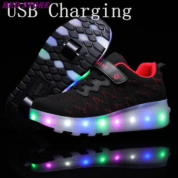 

New Pink USB Charging Fashion Girls Boys LED Light Roller Skate Shoes For Children Kids Sneakers With Wheels Two wheels led shoe