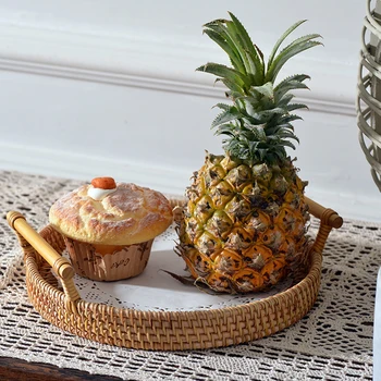 

Rattan Storage Tray Round Basket with Handle Hand-Woven Rattan Tray Wicker Basket Bread Fruit Food Breakfast Display New