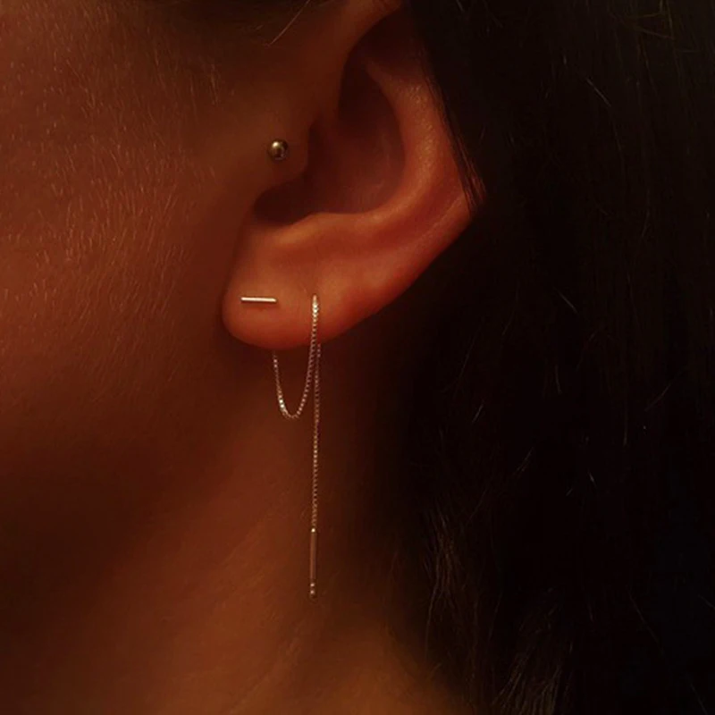 Stud-Earrings Threader Ear-Jewelry T-Shaped Long-Tassel Gold Minimalist Silver-Color