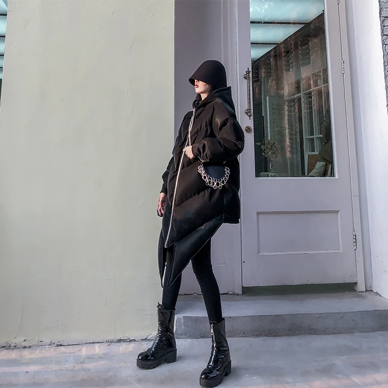 [DEAT] Loose Fit Irregular Overisize Warm Woolen Coat Parkas New Hooded Long Sleeve Women Fashion Autumn Winter 19L-a74