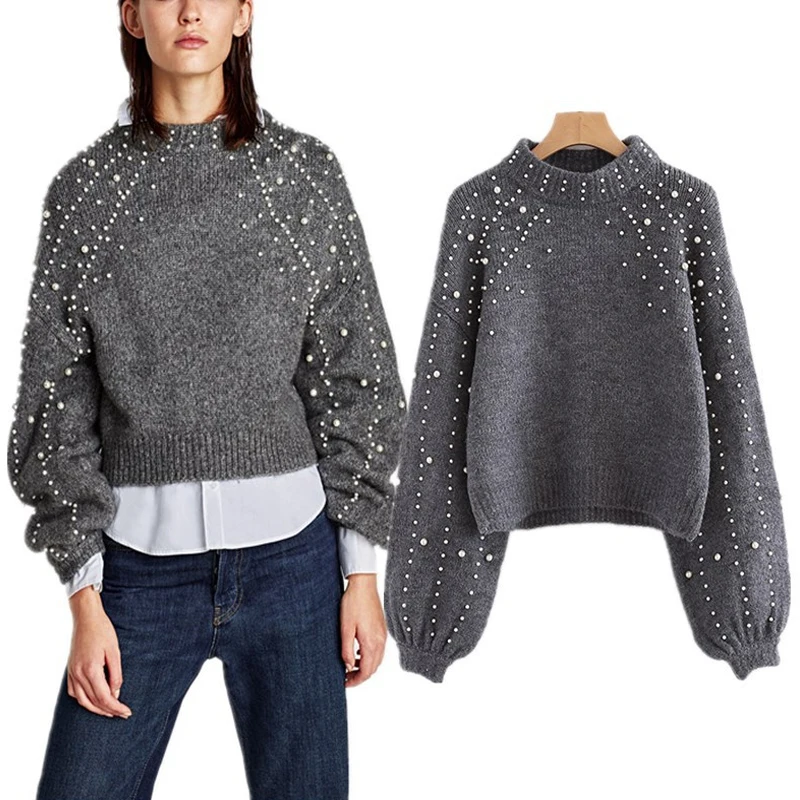 

2019 Pearl Turtleneck Winter Autumn Knitted Sweater Women Lantern Sleeve Loose Gray Pullover Female Soft Warm Casual Jumper