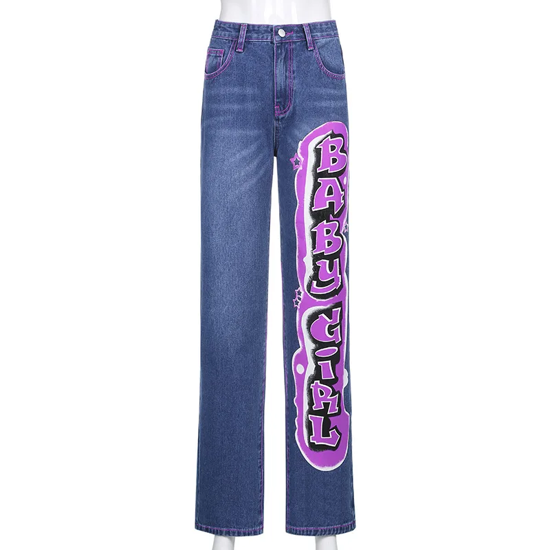 slim fit Vintage Streetwear Letter Printing Baggy Jeans 90s Fashion Straight Denim Low Waist Pants Autumn Moms Jeans chrome hearts jeans