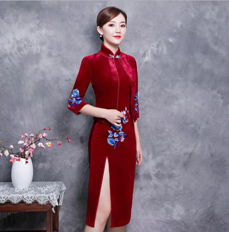 Новое китайское женское элегантное велюровое платье Qipao из 2 предметов, Cheongsam, сексуальное платье, одежда, большие размеры, S M L XL XXL 3XL 4XL - Цвет: suit3