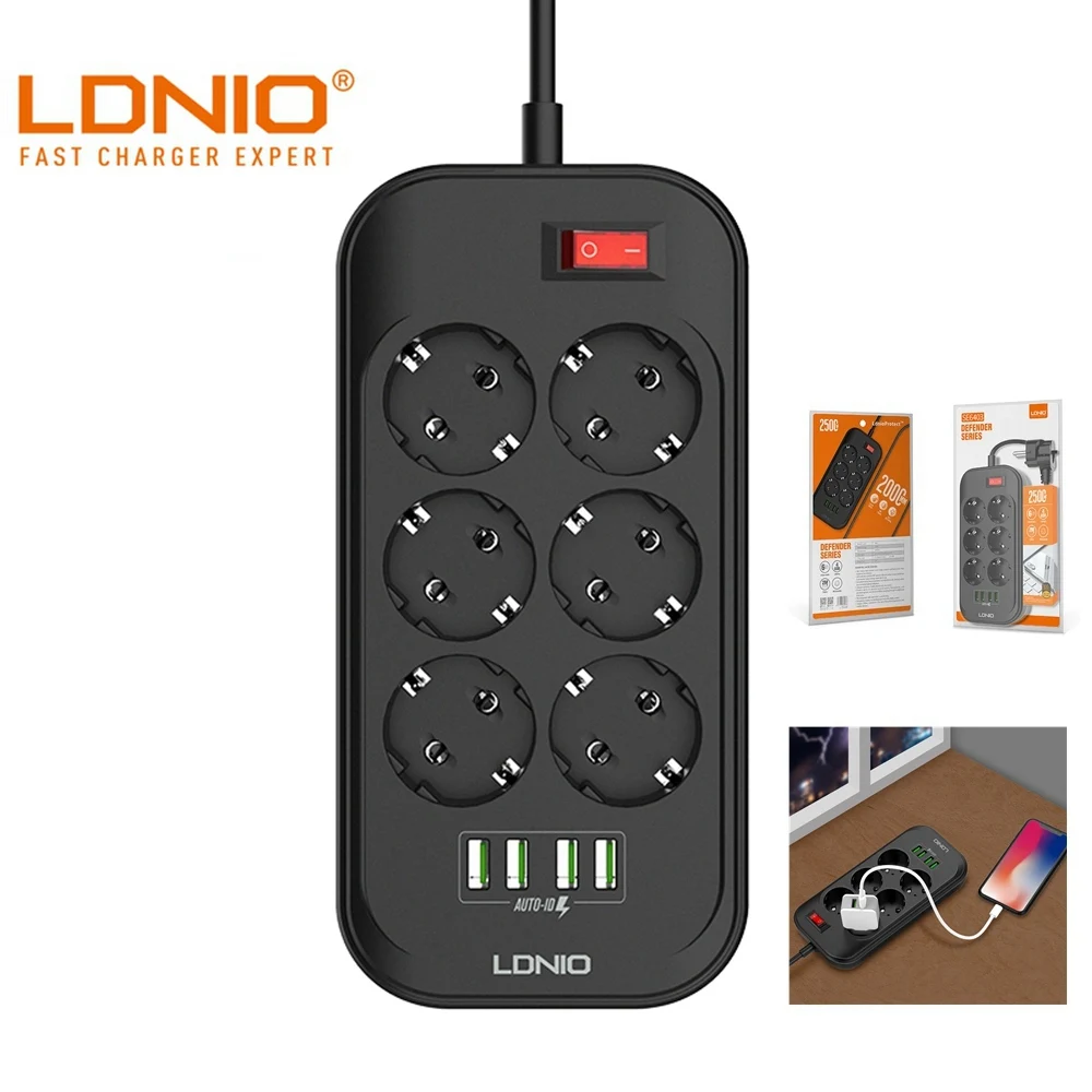 Удлинитель электрический LDNIO с европейской вилкой 3 4 А 6 розеток USB порта| |