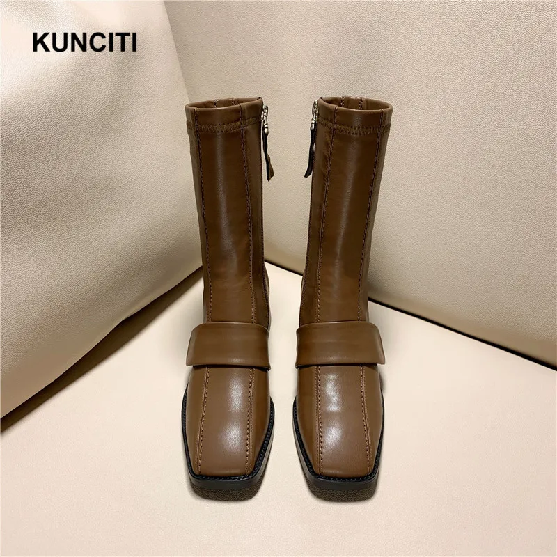 KUNCITI/ Модные женские ботинки с квадратным носком; женская обувь до середины икры; полусапожки на среднем каблуке в европейском стиле; новейшая модель; D9158