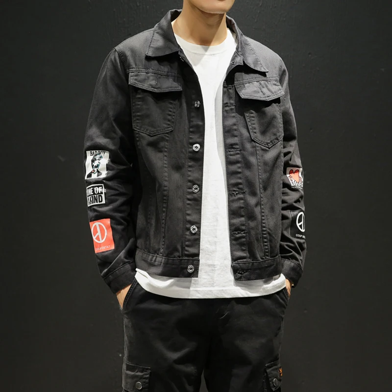 Мужская Черная синяя джинсовая куртка Стандартный крой уличная одежда ветровка