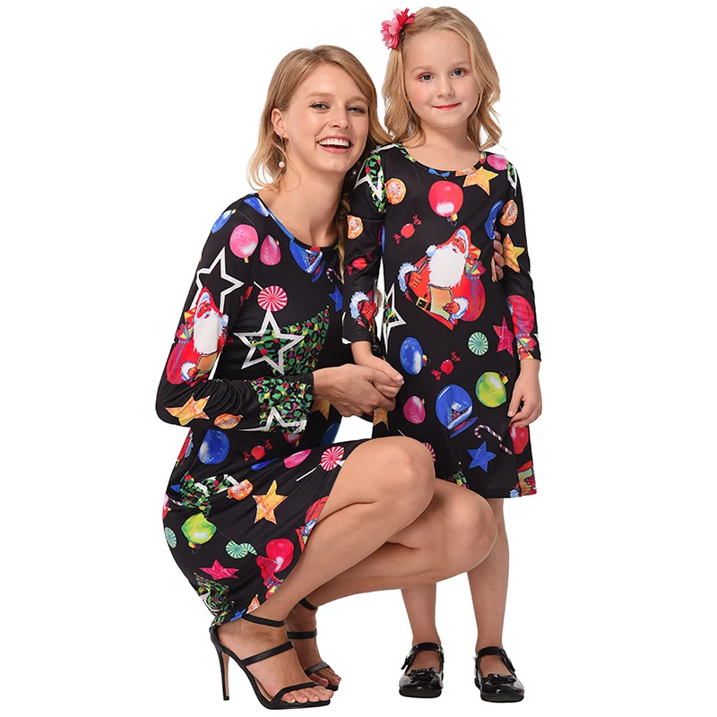 

2019 Lucky Star Ice Snowball Print Christmas Dress Mommy and Daughter Matching Clothes Family Christmas Clothes