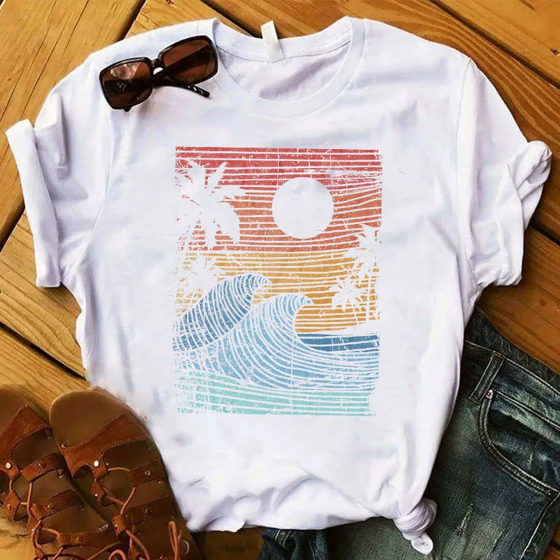 

Women T Womens Wave Beach Camper Summer Palm Tree Print Top Tshirt Female Camisas Mujer Graphic Tee Shirt Ladies Clothes T-shirt