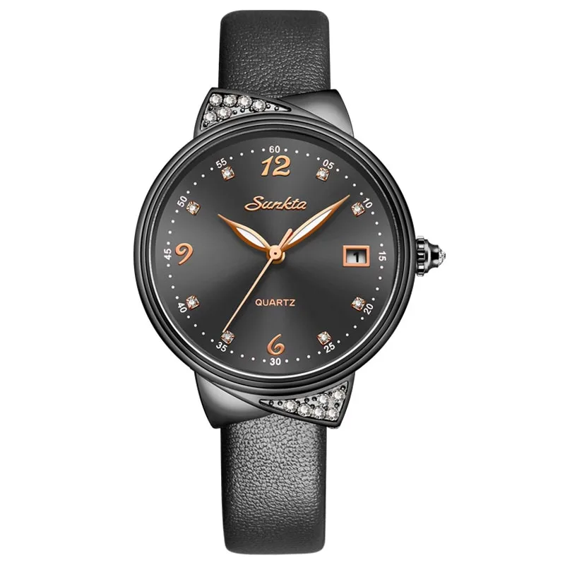 Black SUNKTA Red Watch Women Fashion Simple Quartz Watches Ladies Thin Leather Casual Female Wrist Watch Girl Clock Relogio Feminino - Цвет: Black