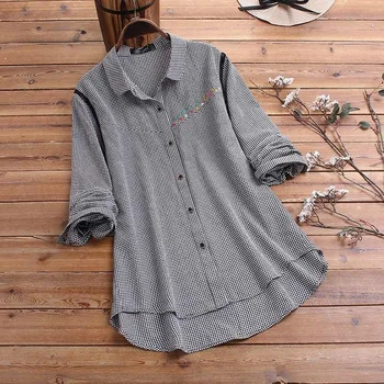 

Plus Size Checked Blouses Women Summer Spring Shirts Work Casual Loose Plaid Irregular Lapel Embroidery Tops Shirt Tunic Blusas