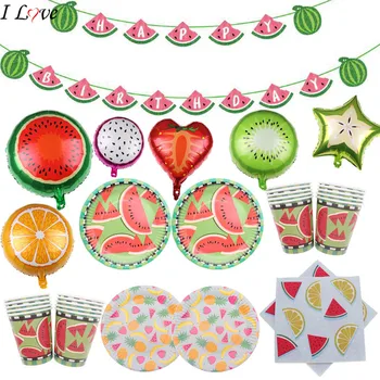 

10pcs/lot banner Paper tableware napkins plate cup balloon straw watermelon fruit for baby birthday Christmas wedding supplies