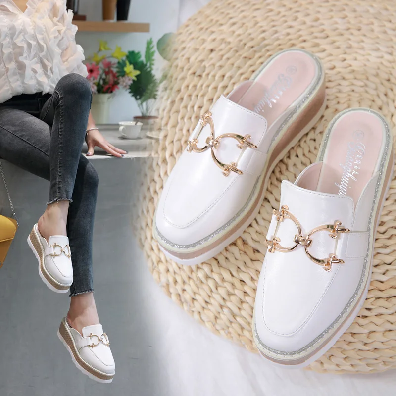 

Shoes Woman Metal Decoration Wedges Mules Slip on Sandals Square Toe Slides Ladies Thick Bottom Pumps Zapatos Mujer Black Beige