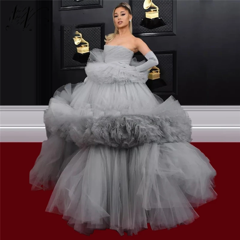 Tiered Tulle Dubai Celebrity Gown 2020 Newest Design Puffy Strapless Evening Dresses For Special Occasion Gray Arabic Prom Dress