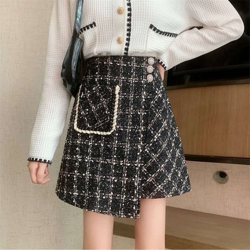 Plaid Short Skirt Female Autumn Winter High-waist Woolen Cloth A-line Skirt 2024 New Irregular Thin Fashion Porket Skirt luckymarche джемпер анорак le match porket qwuax23311whx