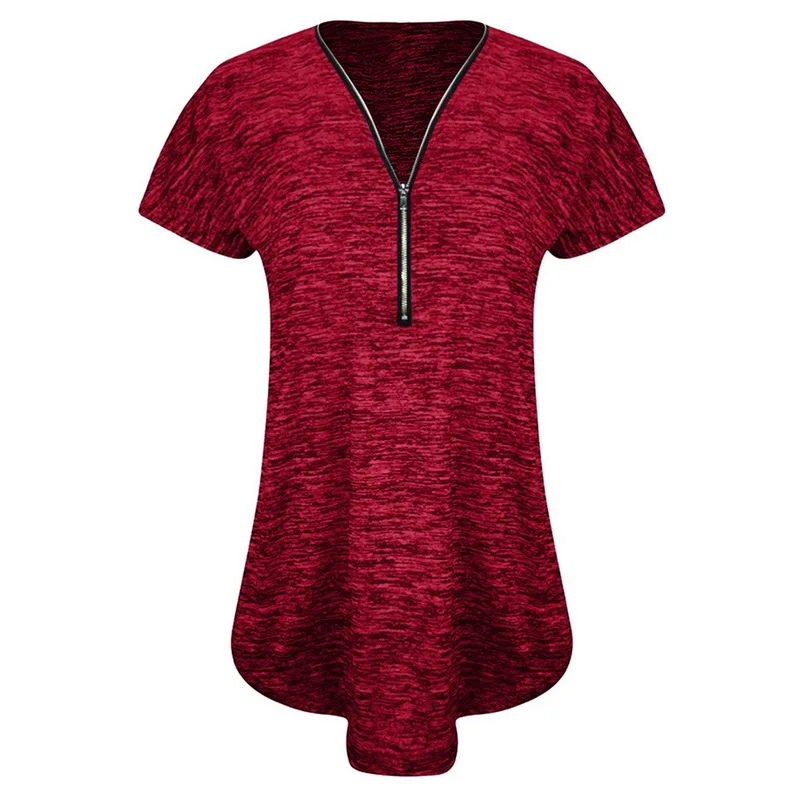 wine red (style2) OEAK модные летние шифоновые женские блузки с v-образным вырезом и коротким рукавом, топы, повседневные женские рубашки на молнии размера плюс 5XL - Цвет: wine red (style2)