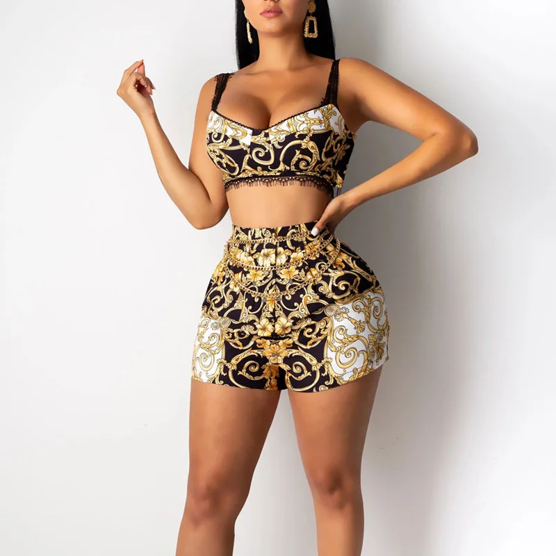 

Sexy Lace Insert Two Pieces Sets Women Spaghetti Strap Crop Top and Skinny Shorts Set Vintage Printed Party Clubwear