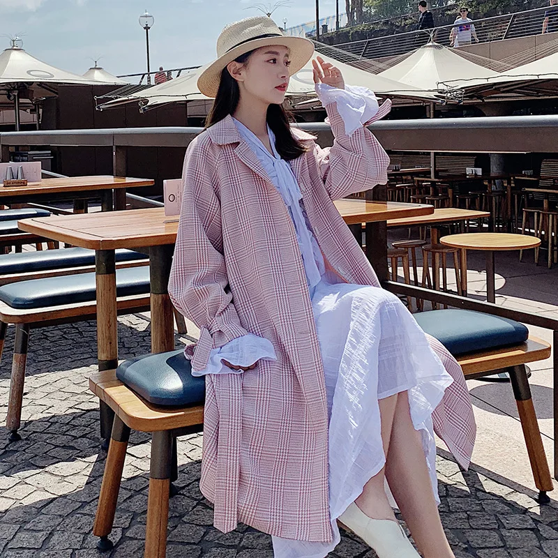 

2019 Popular Spring Clothing New Style Korean-style Mid-length over-the-Knee to Ankle Gentle Ventilation Network Red Plaid Trenc