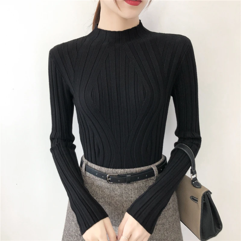 black Autumn Winter Thick Sweater Women Knitted Ribbed Pullover Sweater Long Sleeve Turtleneck Slim Jumper Soft Warm Pull Femme - Цвет: black