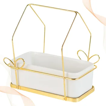 

Rectangular Ceramic Flowerpot Durable Flower Pot Simple Planter Creative Ceramic Basin With Iron Rack for Succulent Plants Garde