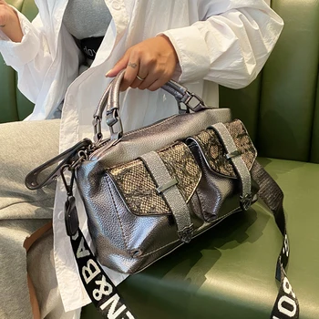 

All-match Wide Shoulder Strap Bag New Summer Trend Temperament Handbag Snake Pattern Soft Leather Messenger Bag Hit Color Female