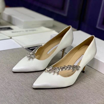 

Glitter Leaves Crystal High Heels Slip on Shoes Women Bling Glitter Pumps Luxury Brand Rhinestone Satin Wedding Shoes Bridal