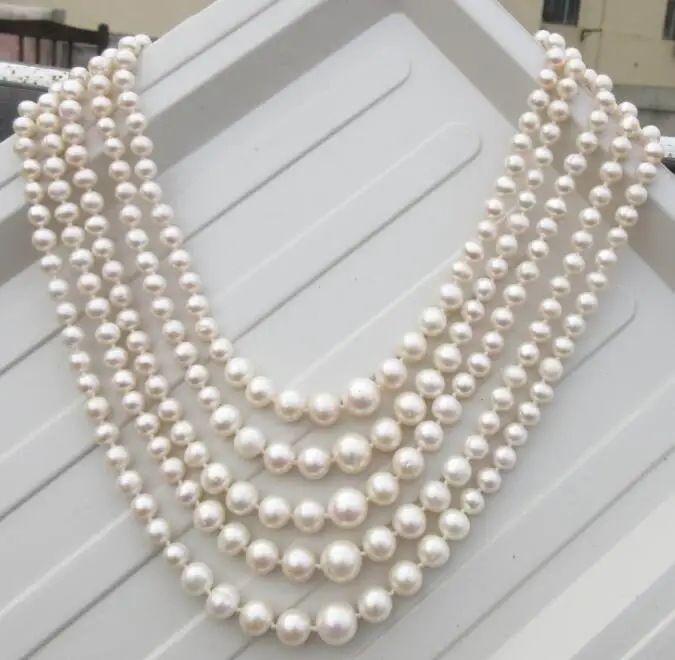 

5 row 6-10mm south sea white round pearl necklace 18-22inch