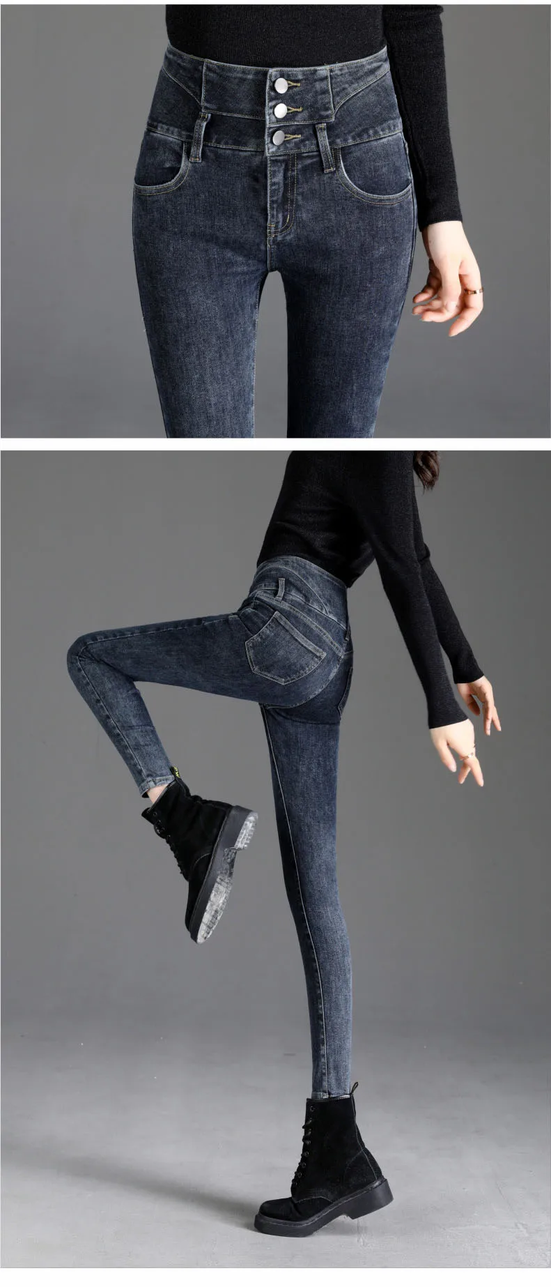 High Waist Women Jeans Trousers Autumn New Slim Fit Tight Jeans Brushed Villus Lining Black Warm Female Pants