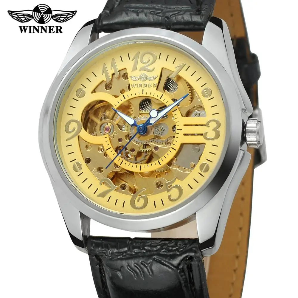 

WINNER Men Luxury Golden Auto Mechanical Watch Leather Strap Skeleton Dial Tonneau Shape Round Case Fashion Design Wristwatch