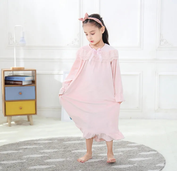 Весенняя фланелевая ночная рубашка для девочек розовое длинное платье