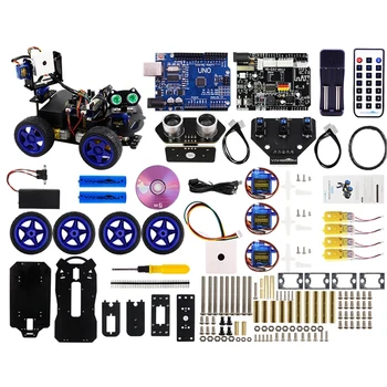 

FOR Scratch3.0 Luminescent Ultrasonic Module Smart Robot Car Wifi Camera Gimbal Kit for Arduino UNO(with Two 18650 Batteries)