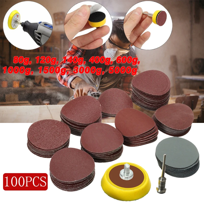 100pcs 25mm/1inch Sandpaper + 1pc 1inch Hook Loop Backer Plate 1/8inch Shank + 1pcs Loop Sanding Pad Abrasives Mixed Polishing