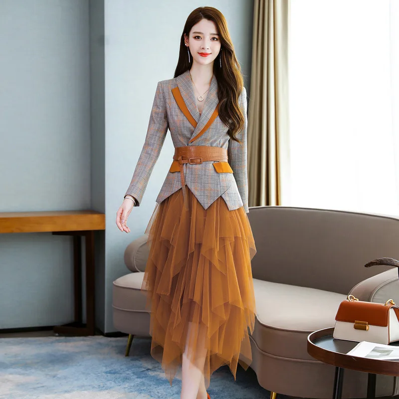 

Yellow women's suit long-sleeved plaid suit female autumn fashion temperament Slim jacket stitching mesh skirt two-piece suit