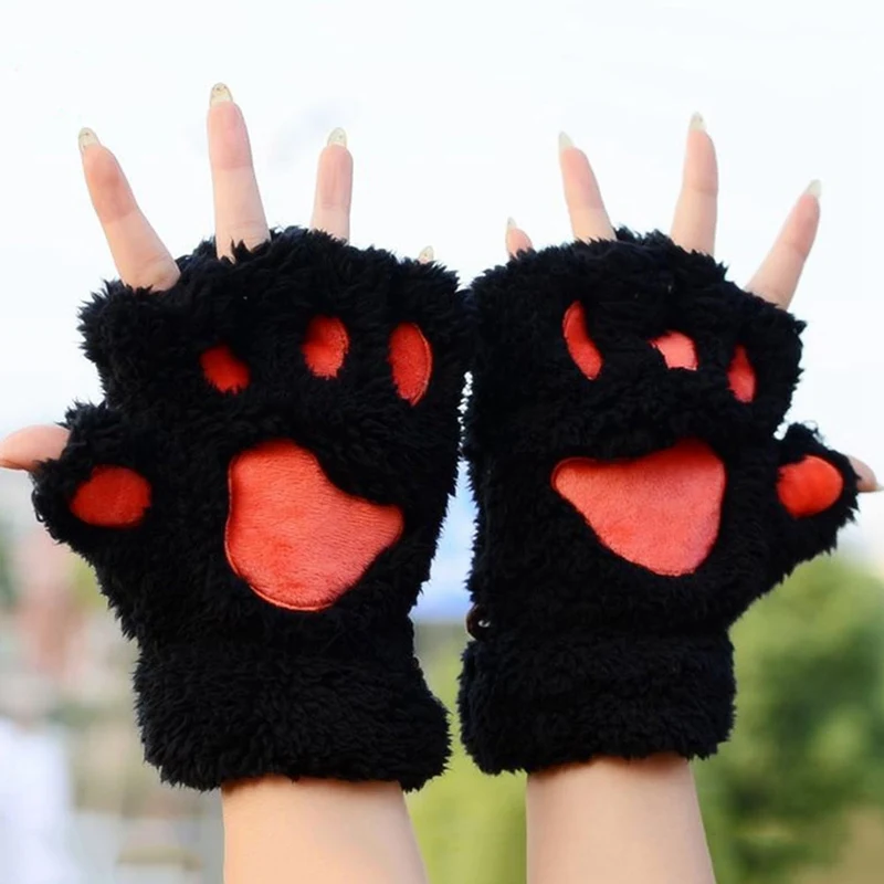 Прекрасные перчатки, зимние, теплые, без пальцев, плюшевые перчатки, пушистые, коготь кошки/медведя, лапы животных, мягкие, теплые, на пол пальца, для женщин и девушек, перчатки