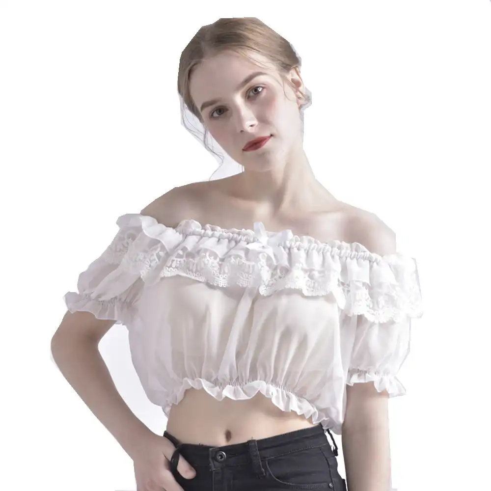 white frilly off the shoulder top