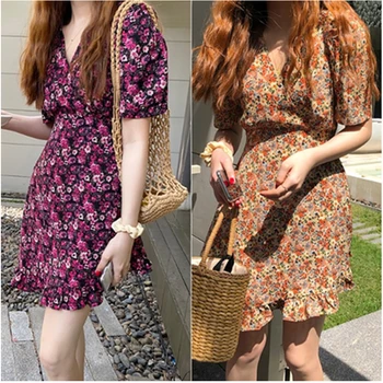 

2020 Summer Elegant V-Neck Chiffon Women Dress Short Sleeve Ruffles Female Vestidos Print Floral Robe Plus Size XL- 5XL Clothes