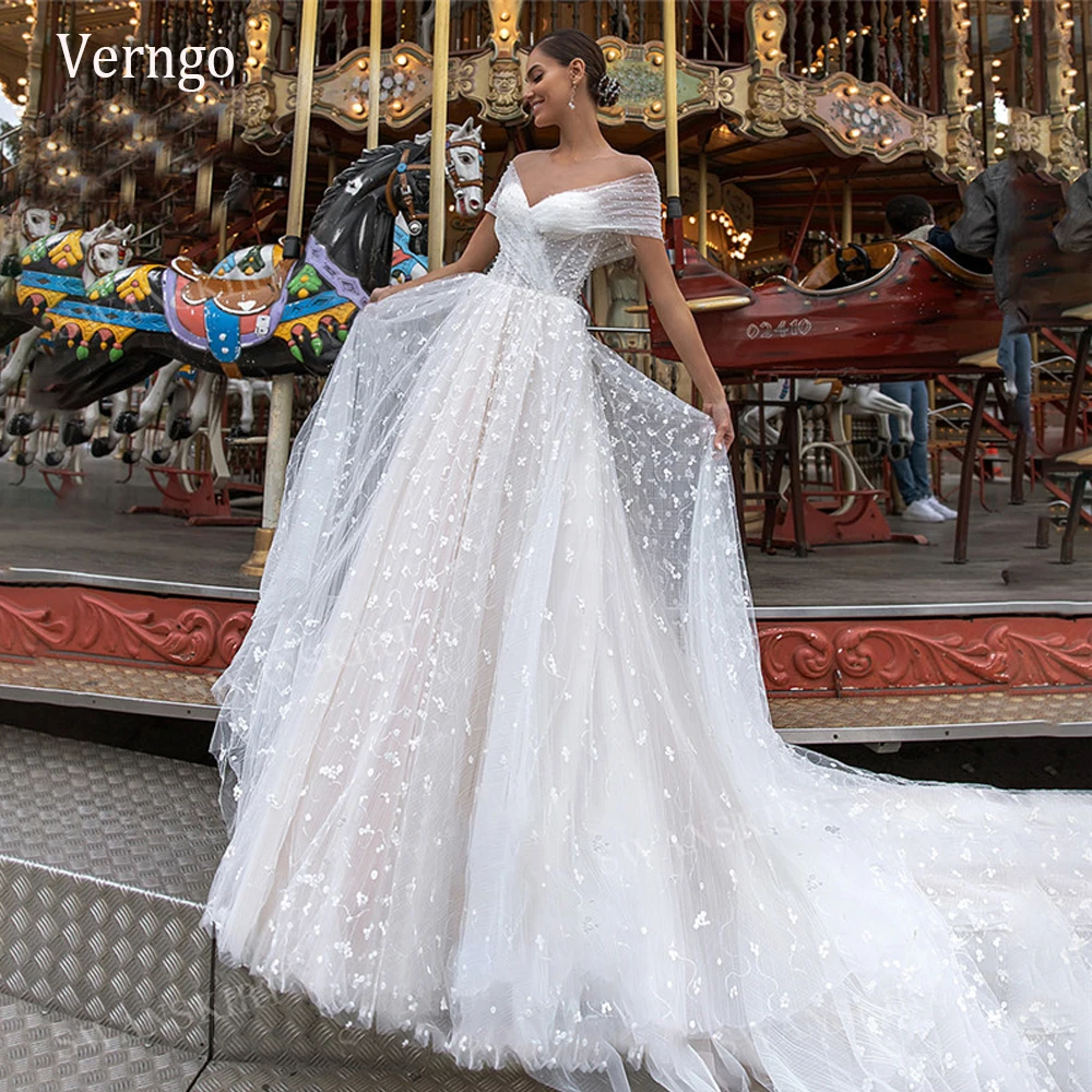 

Verngo Elegant A Line Off the Shoulder Wedding Dress Lace Pearls Short Sleeves 2021 Bridal Gowns Princess Bride Dresses