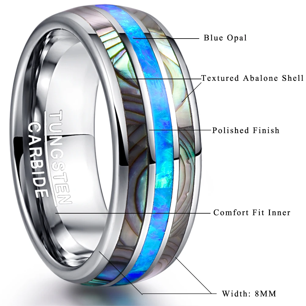 Мужские кольца из вольфрамовой стали с голубым опалом шириной 8 мм никогда не