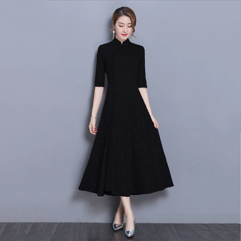 Woman Vintage Ao Dai Oriental Elegant Vietnam Traditional Dress 8Colors Stand Collar Asian Graceful Half Sleeve Swing Cheongsam - Цвет: Black
