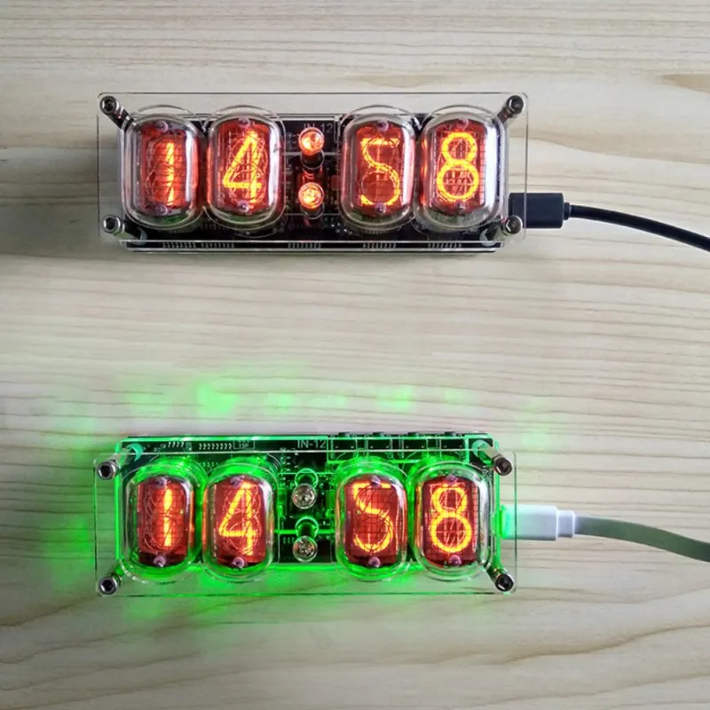 Газоразрядный индикатор часы в-12 4-разрядный свечение зеленого и синего цветов лампы Время Дисплей Ретро настольные часы Micro USB Порты и разъёмы