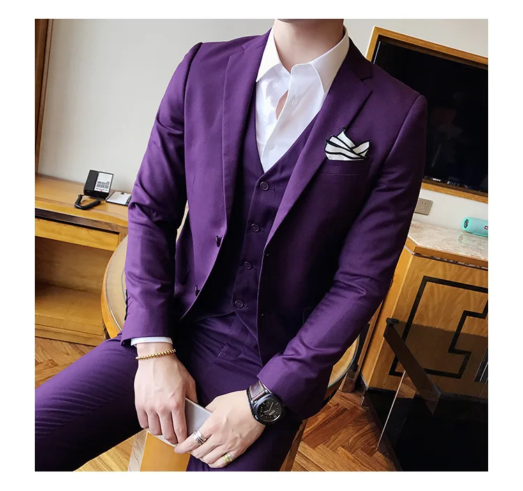 Сплошной цвет slim fit мужской костюм из 3 предметов свадебное платье мужской повседневный деловой пиджак Свадебный Выпускной костюм жениха одежда смокинг