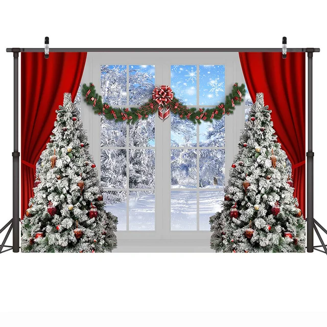 Christmas Window Backdrop Winter Snow Wonderland Birthday Portrait Background Curtain Wreath Christmas Tree Photography Props style-18