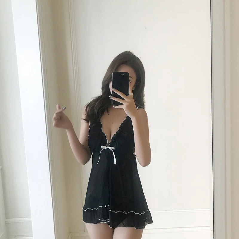 Sexy Women Lace Perspective Uniform Temptation Sleepwear Sling Nightdress Perspective Wear Transparent Strap Nightdress Pajamas