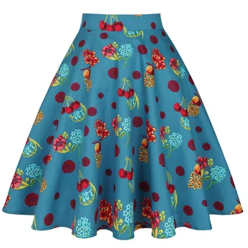 

Cotton Summer High Waist Skirts Women Cherry Floral Print Big Swing Knee Length Elegant A-Line Runway Midi Skirt Faldas Mujer