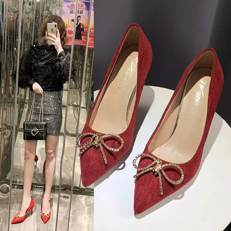 

2020 Spring And Autumn New Style Women's Korean-style Fashion Man-made Diamond Bride Red Wedding Shoes Pointed-Toe High Heel Sho