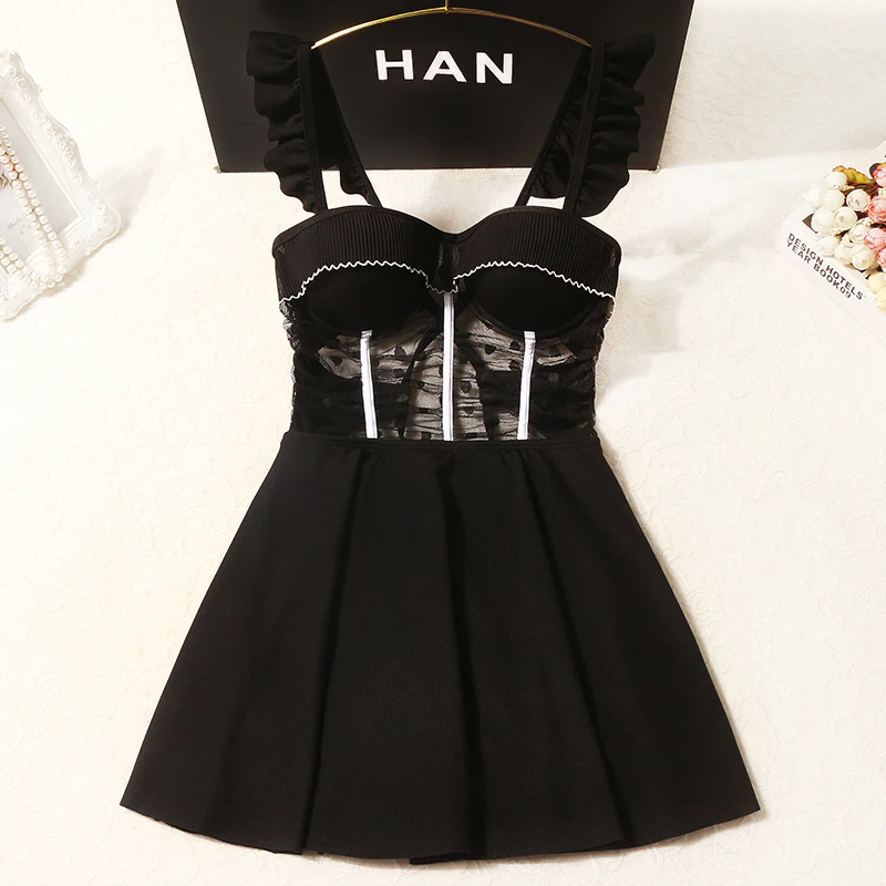 

Sling ruffled tethered halter swimsuit beach casual vacation ladies dress sexy tulle polka dot pleated skirt women's swimwear