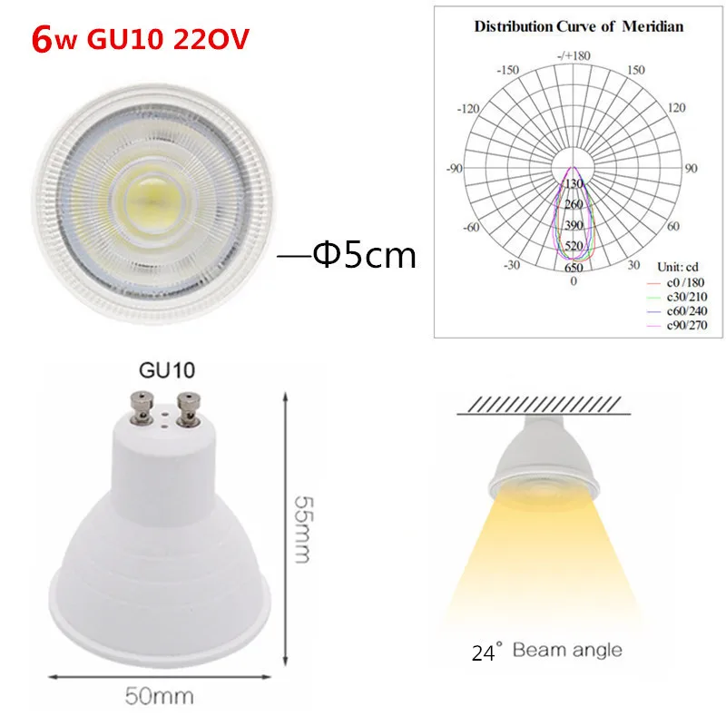 GU10 MR16 6 Вт Светодиодный лампа 120/24 градуса 220v AC Bombillas lampada светодиодный осветительный прожектор - Испускаемый цвет: 6w GU10 24