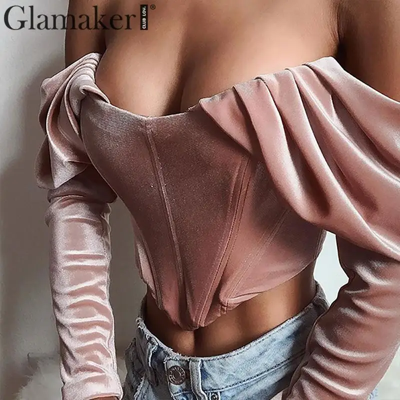 Glamaker с открытыми плечами розовая Вельветовая блузка рубашка женская плиссированная с длинным рукавом винтажная блузка весенние сексуальные элегантные вечерние клубный кроп-топ - Цвет: Розовый