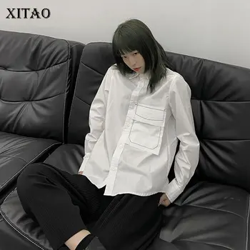 

XITAO Niche Style Solid Loose Striped Turn Down Collar Pocket Fashion Tidal Current Shirt Spring Summer New Women Top GCC3483