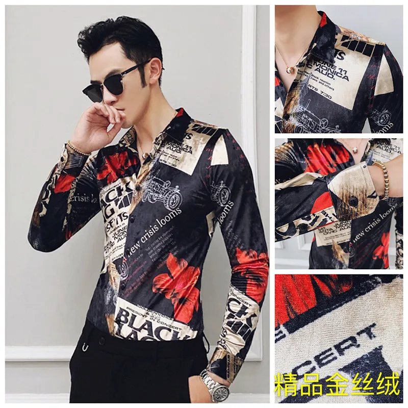 Бархатная рубашка с принтом Camisa Hanber2019 осень и зима новая мужская Клубная рубашка тонкая с длинными рукавами Мужская модная повседневная рубашка для выпускного вечера