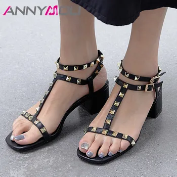 

ANNYMOLI Woman Natural Genuine Leather Med Heels T- Strap Sandals Rivet Thick Heel Shoes Square Toe Female Sandals Beige Size 43